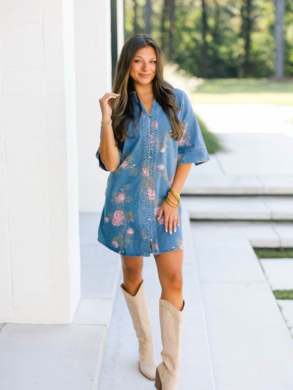 Entro Blue Denim Floral Mini Dress with Pink Flowers - Picture 3 of 5